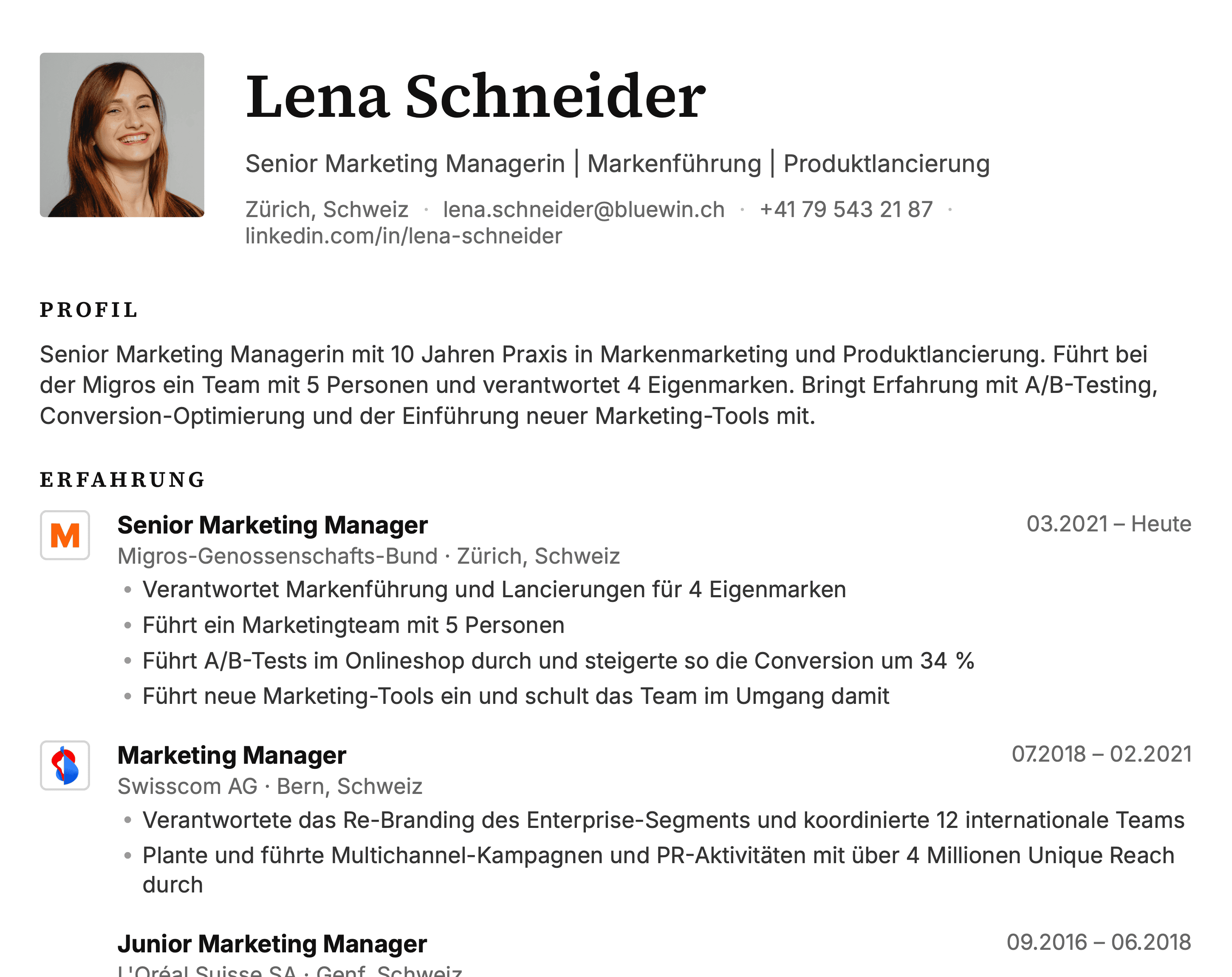 Lenas Lebenslauf für die Stelle Senior Marketing Manager Marken bei Emmi, von Heyapply geschrieben: Senior Marketing Managerin, Markenführung, Produktlancierung