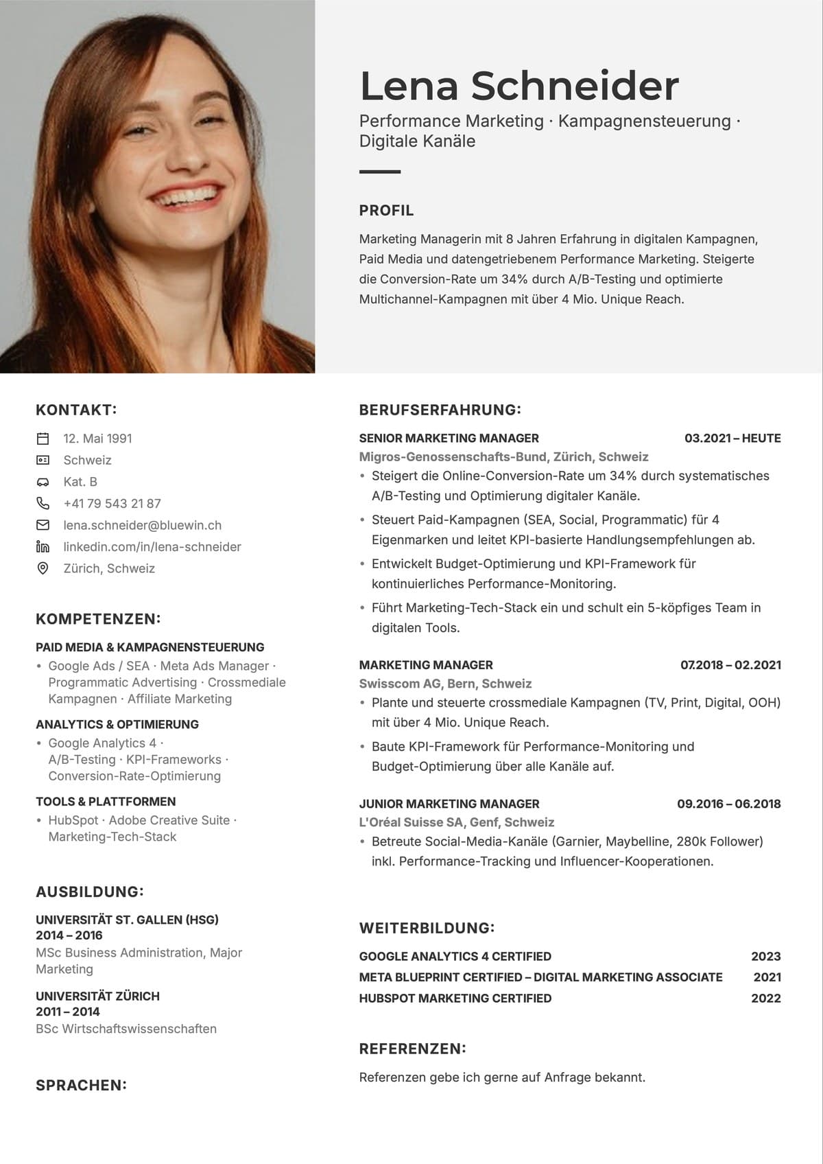 Lebenslauf von Lena Schneider, von Heyapply für die Stelle geschrieben