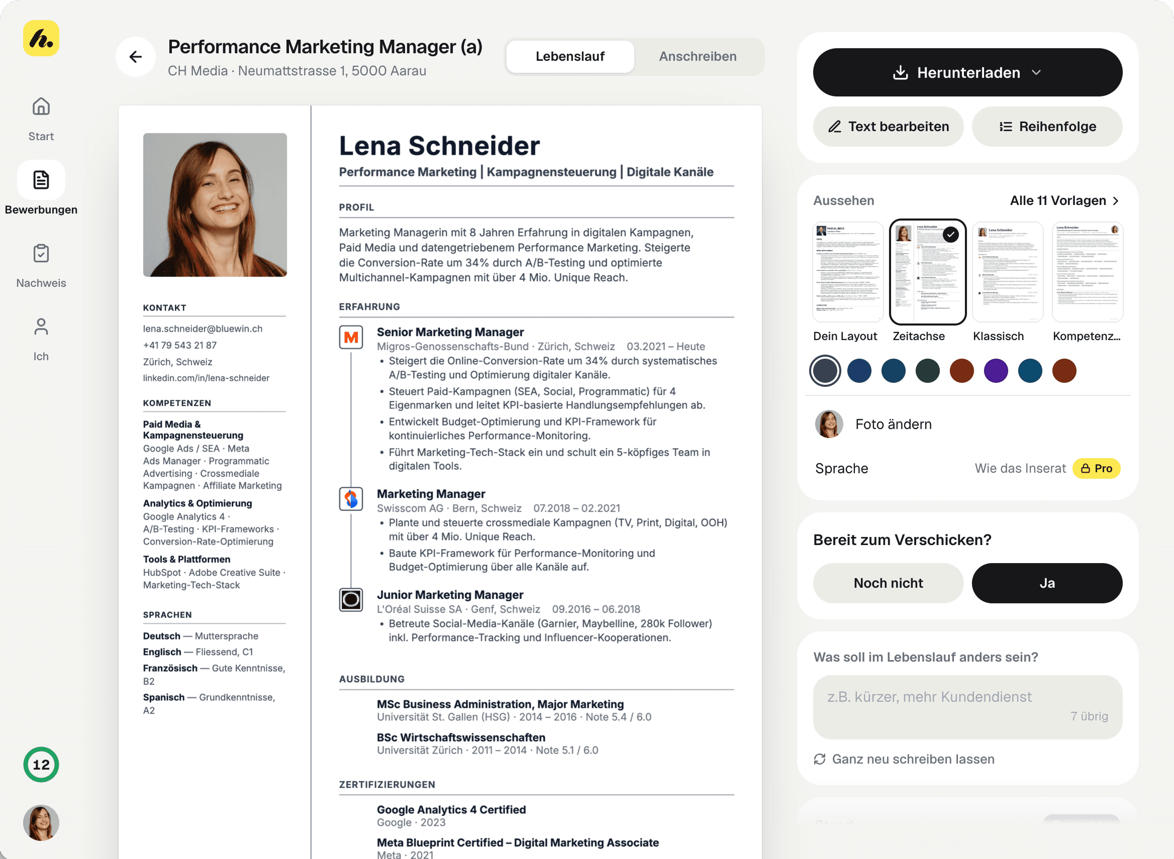 Heyapply-Editor mit dem Lebenslauf von Lena Schneider für die Stelle Performance Marketing Manager bei CH Media