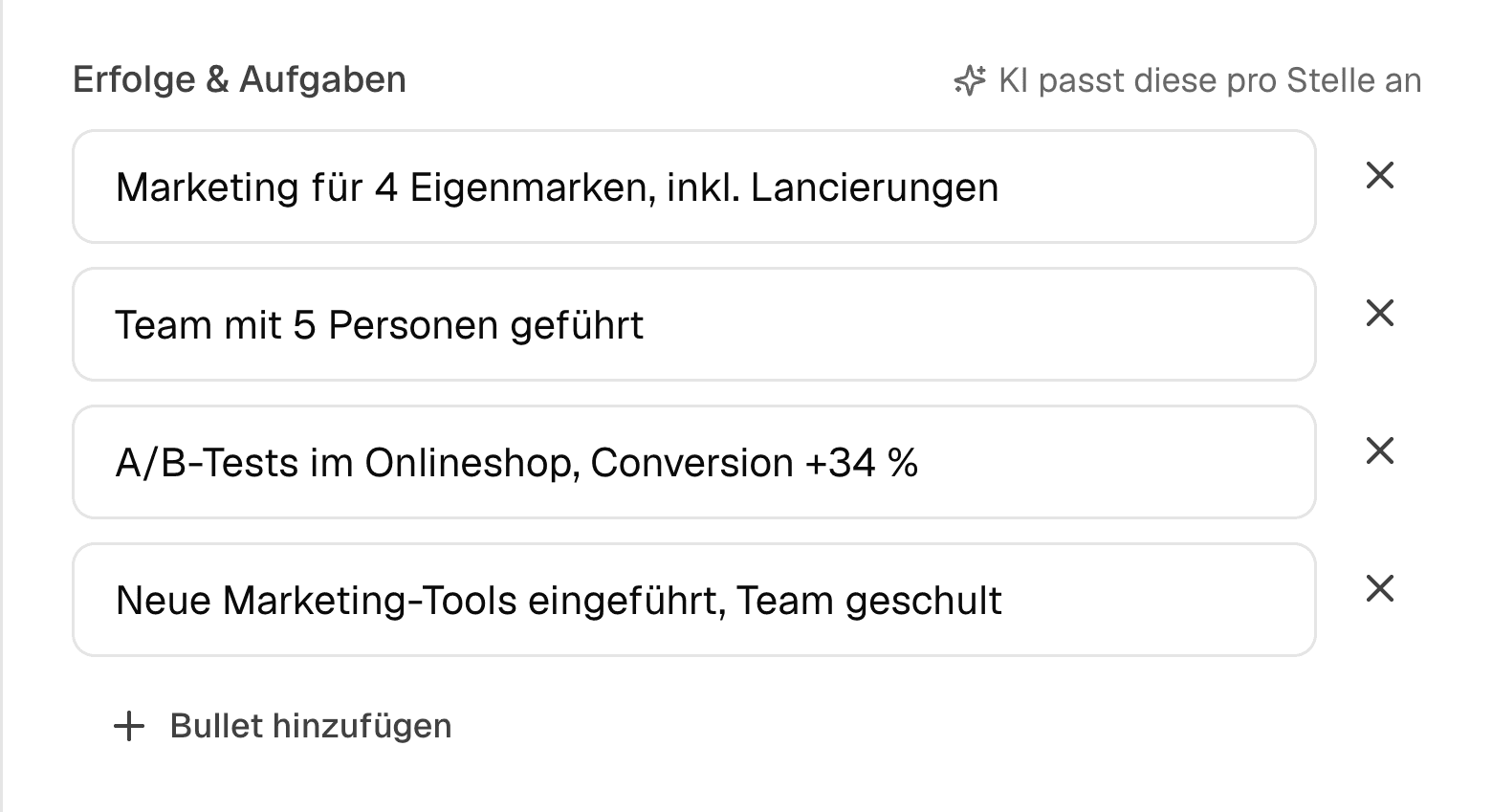 Lenas Angaben im Profil bei der Migros: Marketing für 4 Eigenmarken, inkl. Lancierungen. Team mit 5 Personen geführt. A/B-Tests im Onlineshop, Conversion +34 %. Neue Marketing-Tools eingeführt, Team geschult.